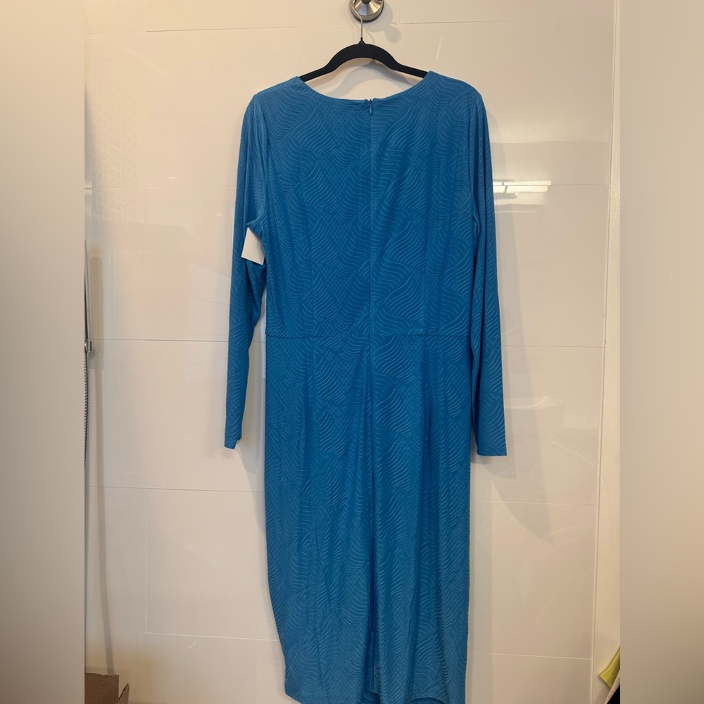 London Times Vibrant Blue Long Sleeve Asymmetrical Ruched Midi Dress - Picture 10 of 11